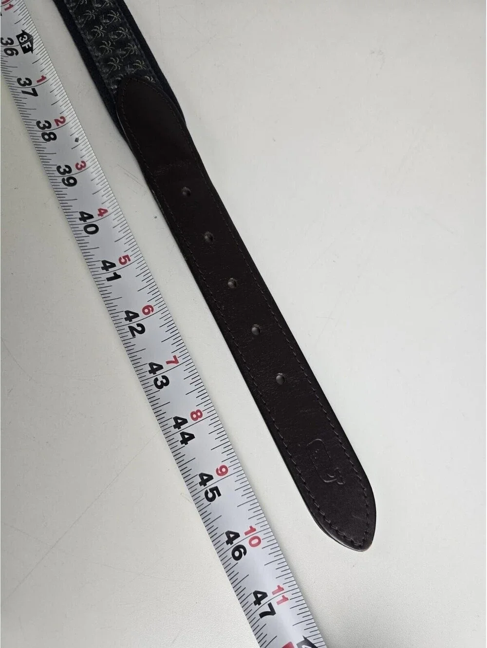 Vineyard Vines Size 42 Belt Made in USA Brown Leather Blue Canvas Palm Tree VGC